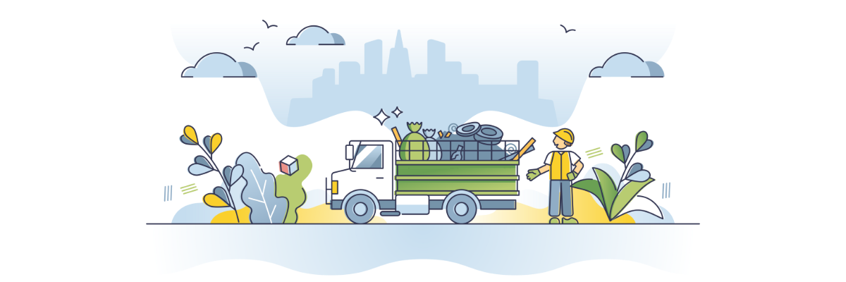 Sketch of trash collection with truck and employee