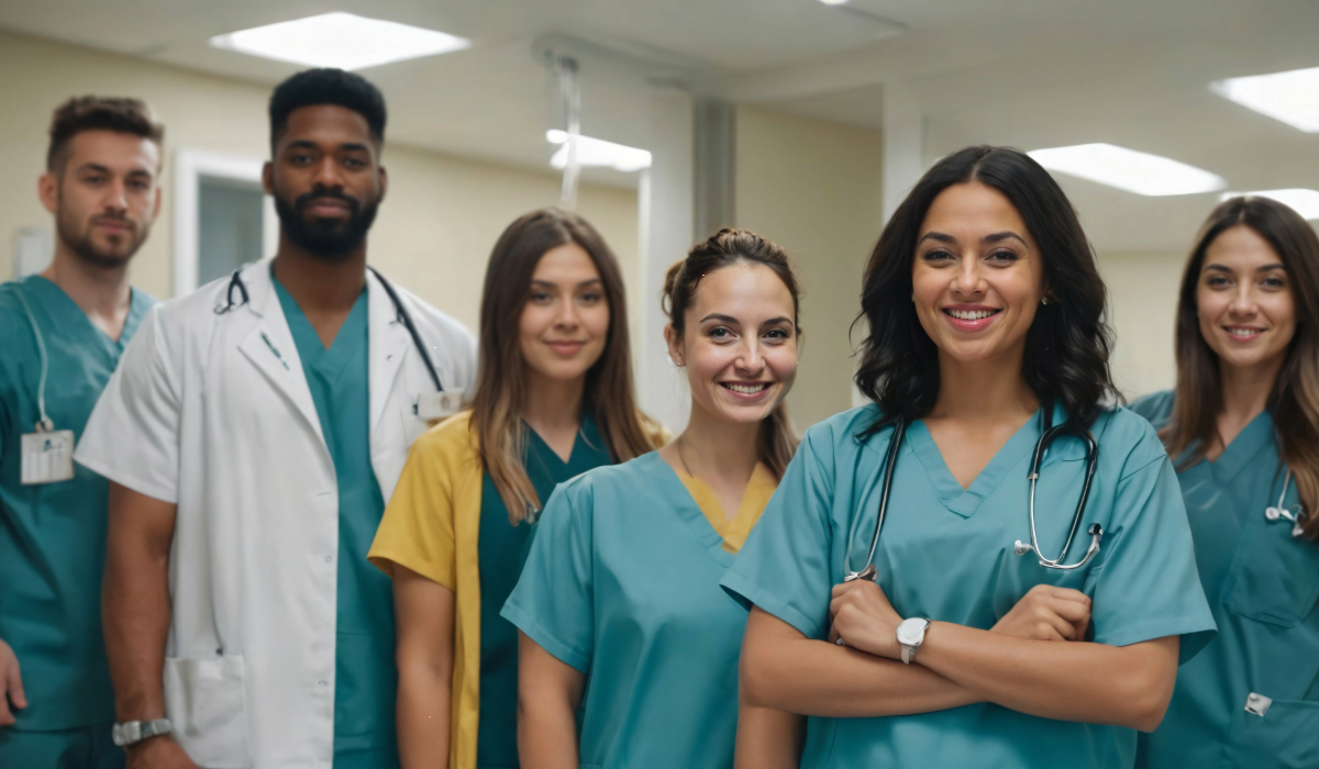 Six medical students pose for photo in clinic setting