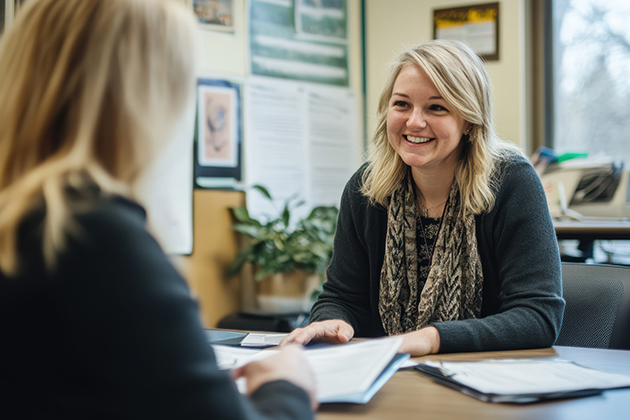 two ladies smiling at each other in an office at a desk.
