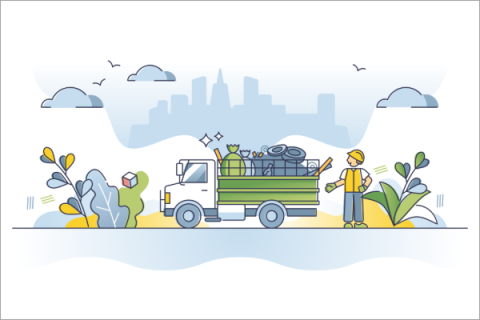 graphic with person standing next to a truck hauling trash
