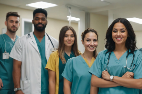 5 medical students standing together and smiling