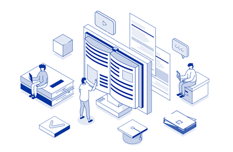 Illustration of three individuals using library digital resources